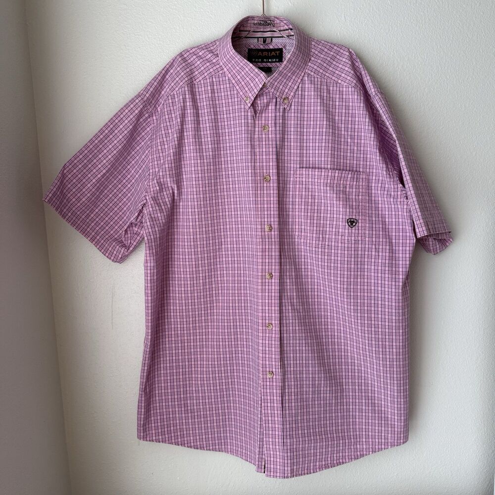 Ariat Pro Series Shirt Men L Pink Plaid Button Down Short Sleeve Chest Pocket - Picture 8 of 13